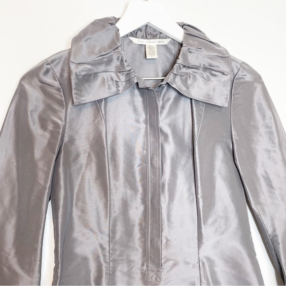 DVF Silver Silk Metallic Dress Long Sleeve Pleated Hem 2 - Picture 3 of 8